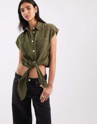 Asos Design Denim Shirt With Tie Front In Green