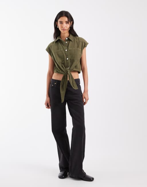 ASOS DESIGN denim shirt with tie front in khaki, 2 of 4