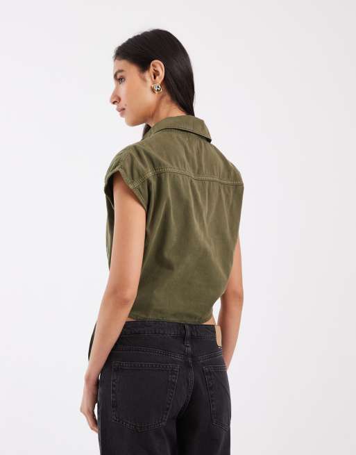 ASOS DESIGN denim shirt with tie front in khaki, 4 of 4