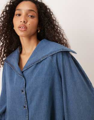 Asos Design Denim Shirt With Wide Collar In Blue