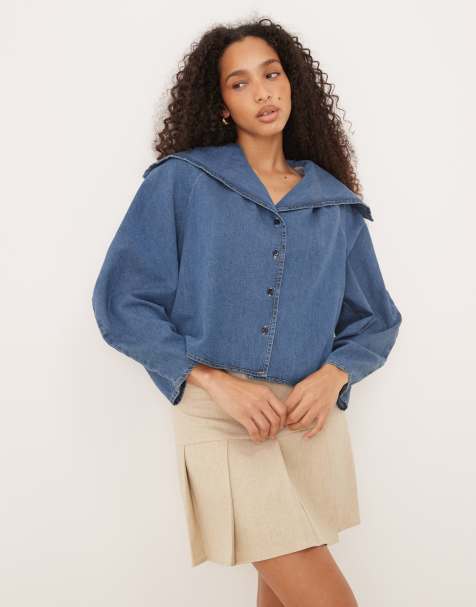 ASOS DESIGN denim shirt with wide collar in midwash - view 1