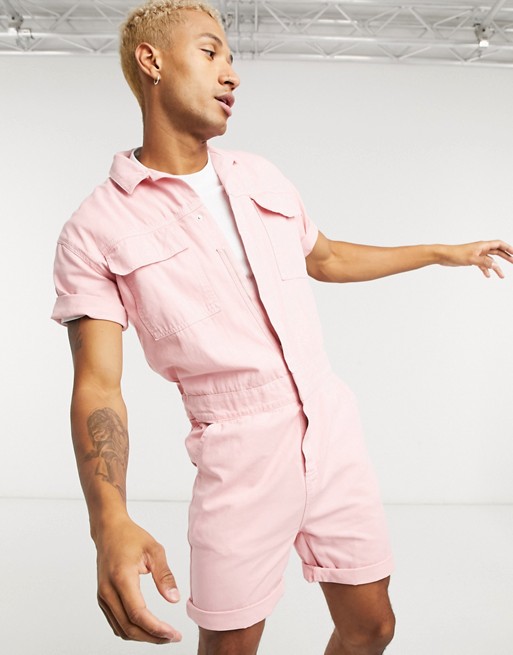 ASOS DESIGN denim short boilersuit in pink with pocket detal
