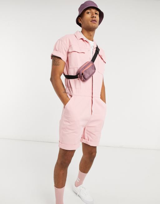 ASOS DESIGN denim short boilersuit in pink with pocket detal ASOS