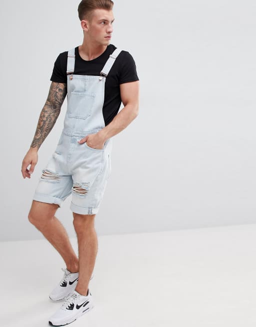 Ripped Detail Denim Dungaree Shorts Blue