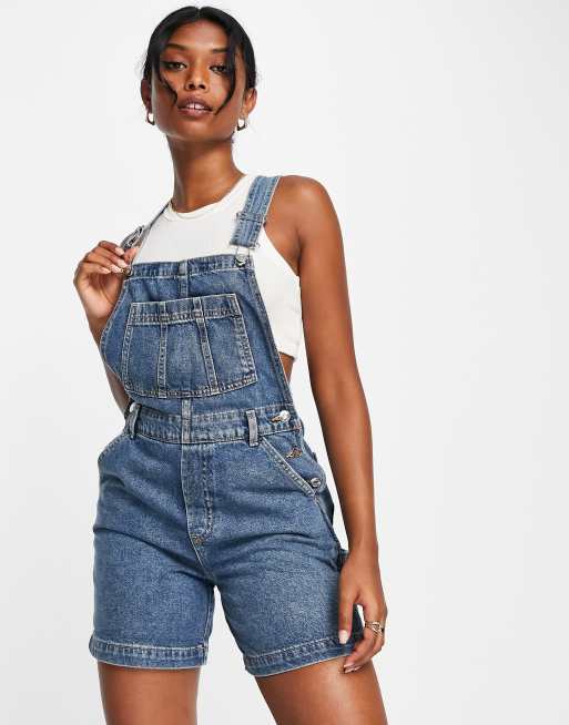 ASOS DESIGN denim short dungarees in midwash