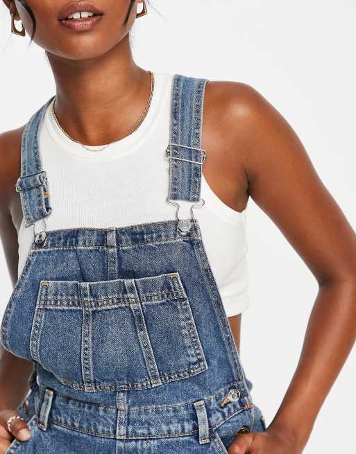 ASOS DESIGN denim short dungarees in midwash