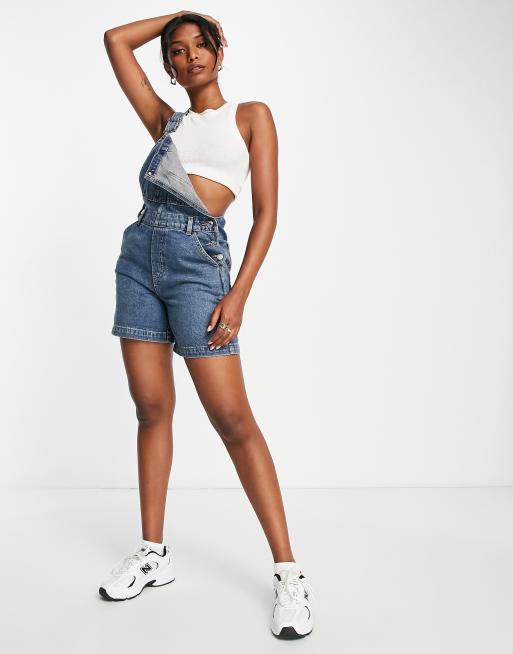 ASOS DESIGN denim short dungarees in midwash