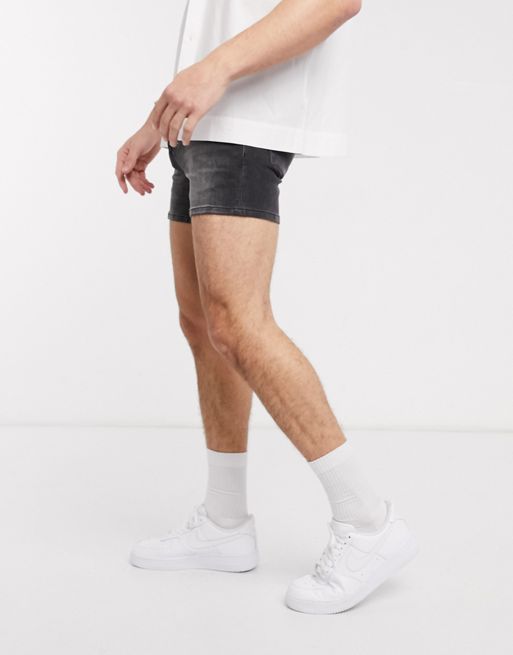 ASOS DESIGN shorter length slim shorts in washed black