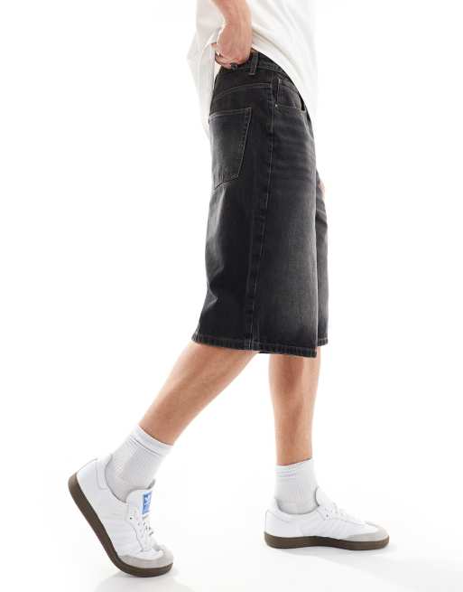 ASOS DESIGN - Denim short met lange pasvorm en vintage wassing in grijs