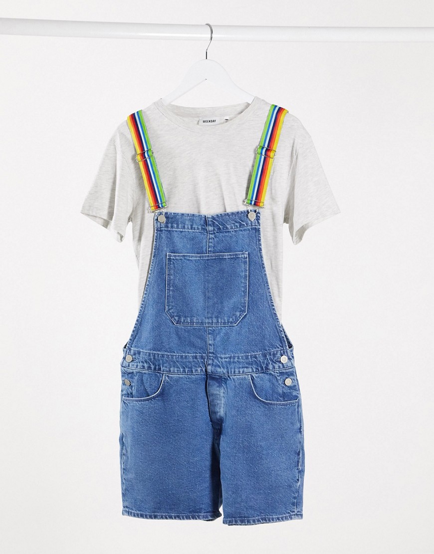 ASOS DESIGN denim short overall with rainbow straps-Blue