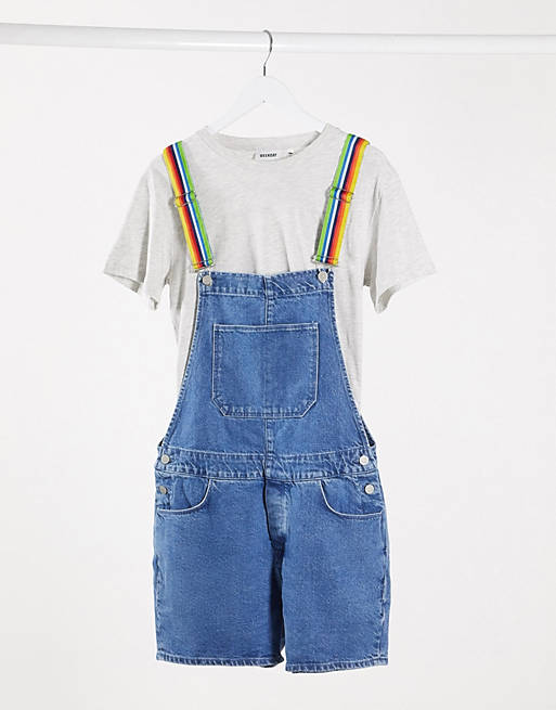ASOS DESIGN denim short overall with rainbow straps