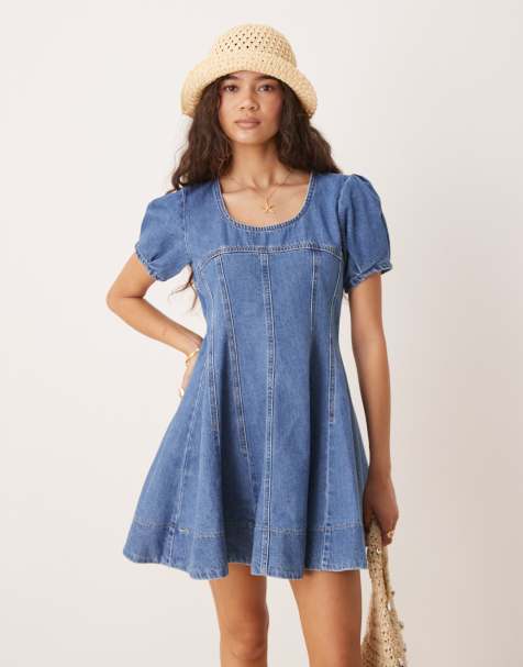 ASOS DESIGN denim short sleeve mini dress with seamed detail in mid-wash blue - view 1