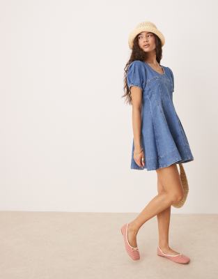 Asos Design Denim Short Sleeve Mini Dress With Seamed Detail