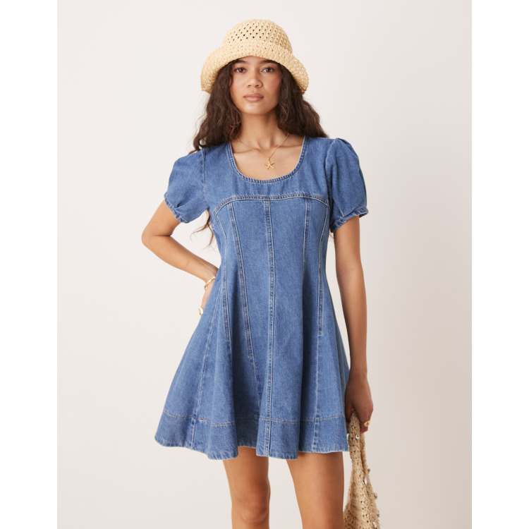 asos design short sleeve denim shirt dress in mid blue ASOS DESIGN denim short sleeve shirt mini dress in midwash blue