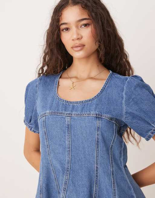 ASOS DESIGN denim short sleeve mini dress with seamed detail in midwash blue