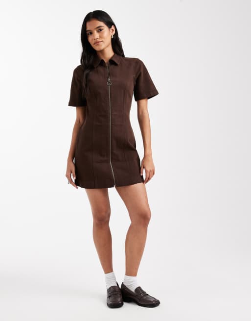 ASOS DESIGN denim short sleeve mini dress with zip through in chocolate, 4 of 4