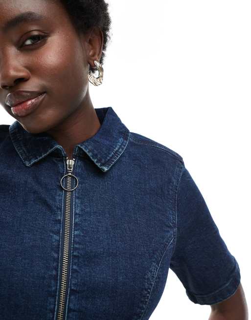 ASOS DESIGN denim short sleeve mini dress with zip through in dark wash, 3 of 4