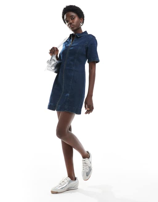 ASOS DESIGN denim short sleeve mini dress with zip through in dark wash, 4 of 4