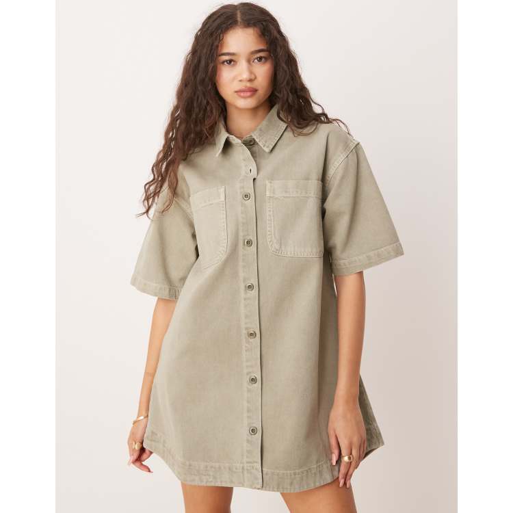 khaki short sleeve shirt dress Flap Pocket Roll Up Sleeve Belted Shirt Dress