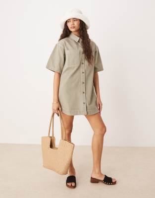 Asos Design Denim Short Sleeve Mini Shirt Dress