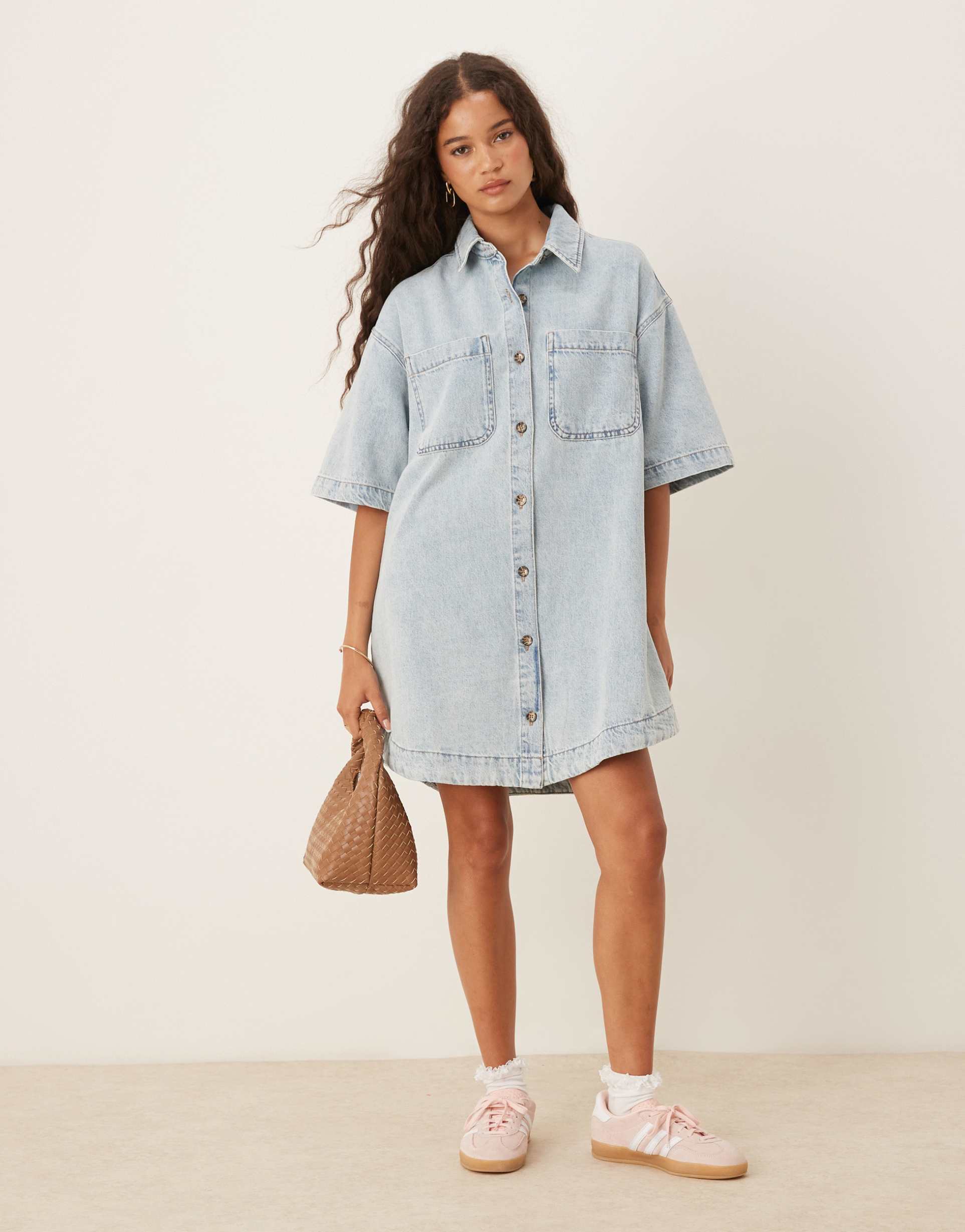 asos design denim short sleeve mini shirt dress in lightwash