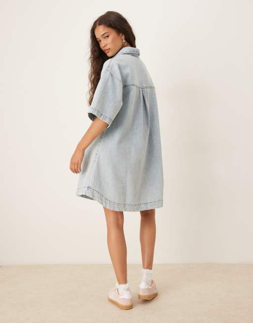ASOS DESIGN denim short sleeve mini shirt dress in lightwash