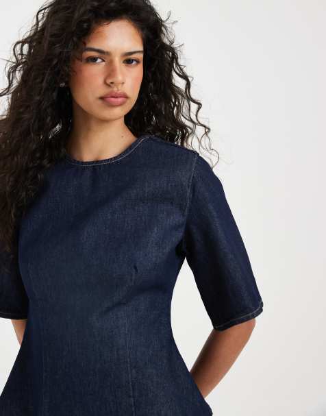 ASOS DESIGN denim short sleeve peplum top in indigo - view 1