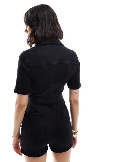 ASOS DESIGN denim short sleeve playsuit with zip through in black ASOS