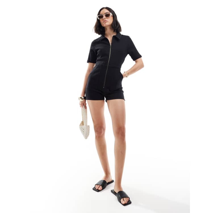 AMERI✴︎SHINY DENIM LIKE ROMPERS BLACK Made For You Denim Romper Black – Adorabelles