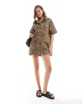 ASOS DESIGN denim short sleeve shirt dress in leopard print-Brown