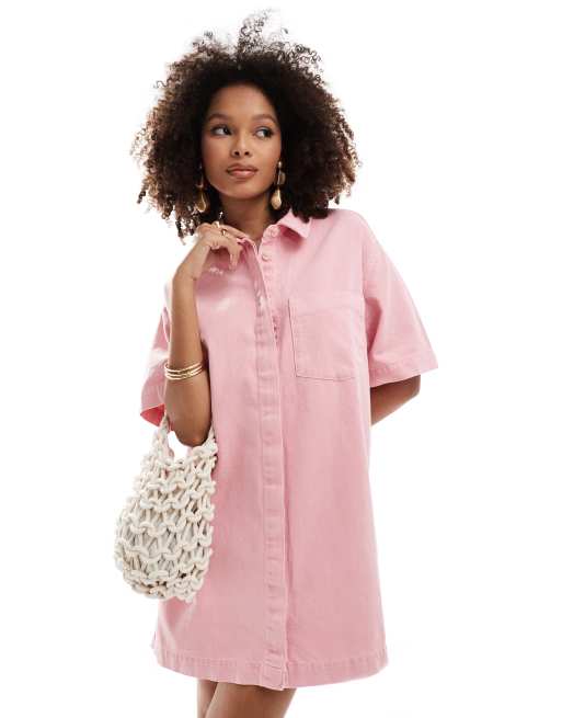 ASOS DESIGN denim short sleeve shirt dress in pink | ASOS