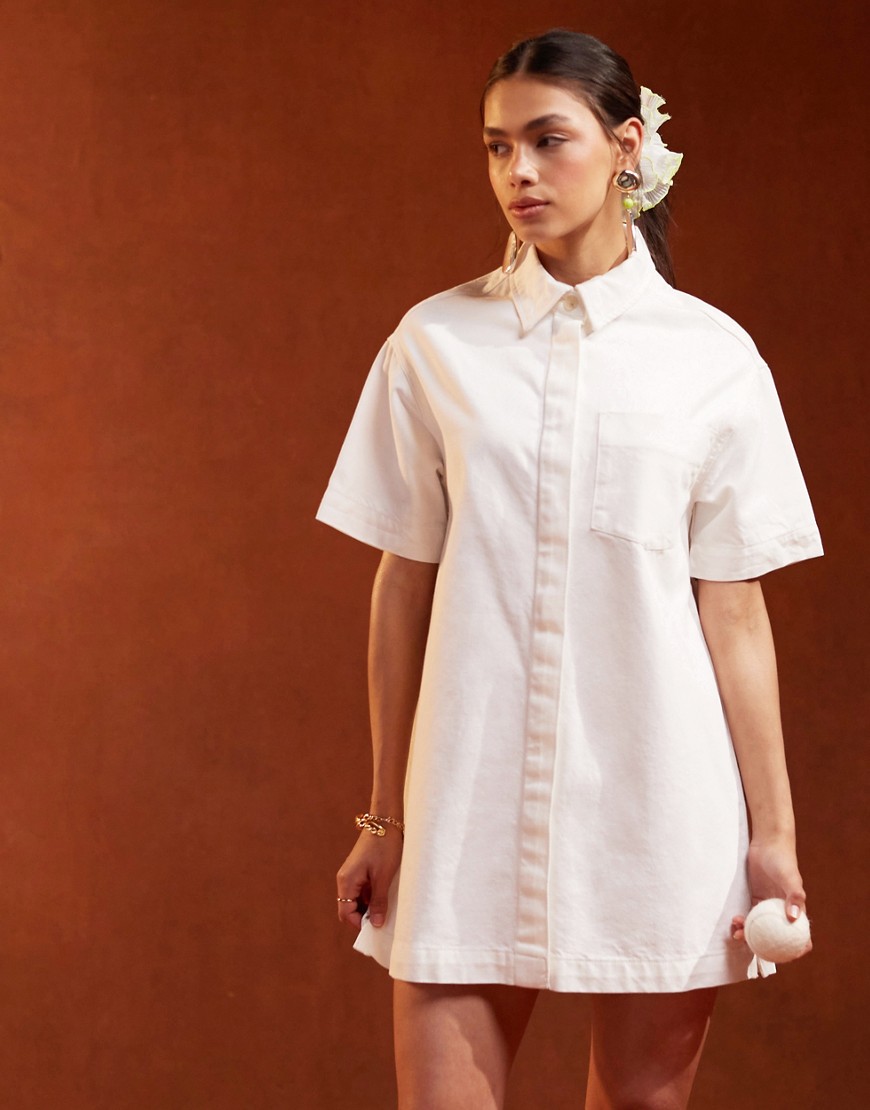 ASOS DESIGN denim short sleeve shirt dress in white