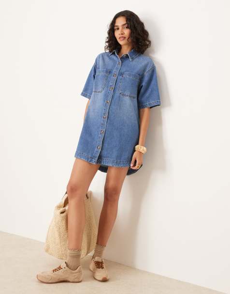 ASOS DESIGN denim short sleeve shirt mini dress in midwash blue - view 1