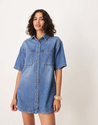 Asos Design Denim Short Sleeve Shirt Mini Dress