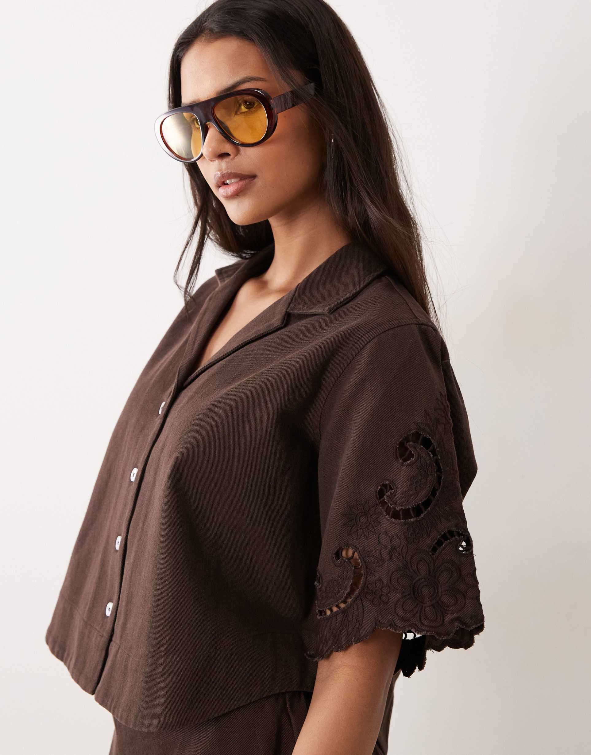 asos design denim short sleeve shirt with cutwork detail in chocolate - part of a set