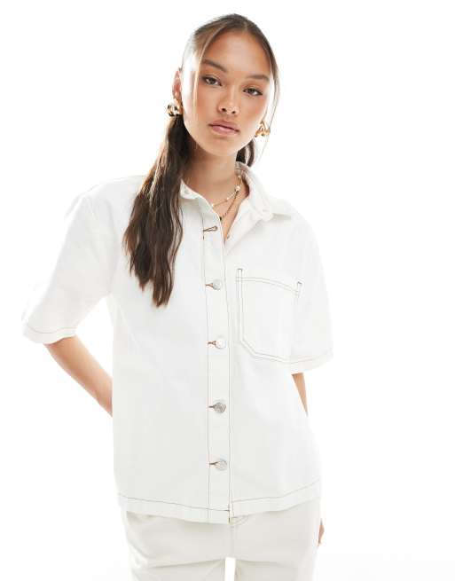 ASOS DESIGN denim short sleeve shirt with pocket in ecru, 2 of 4