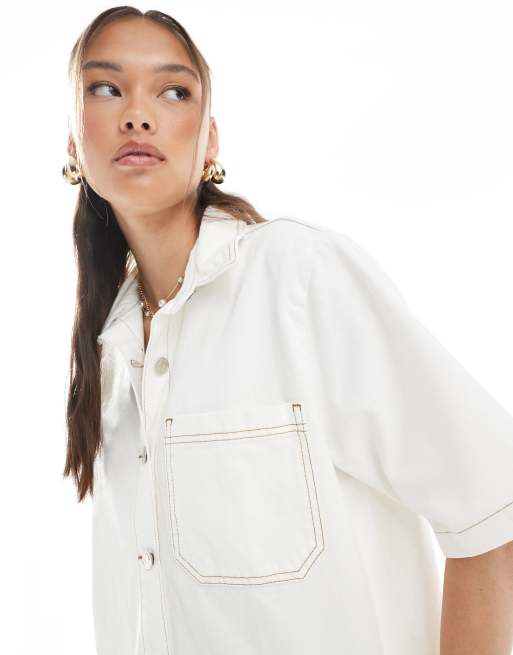 ASOS DESIGN denim short sleeve shirt with pocket in ecru, 3 of 4