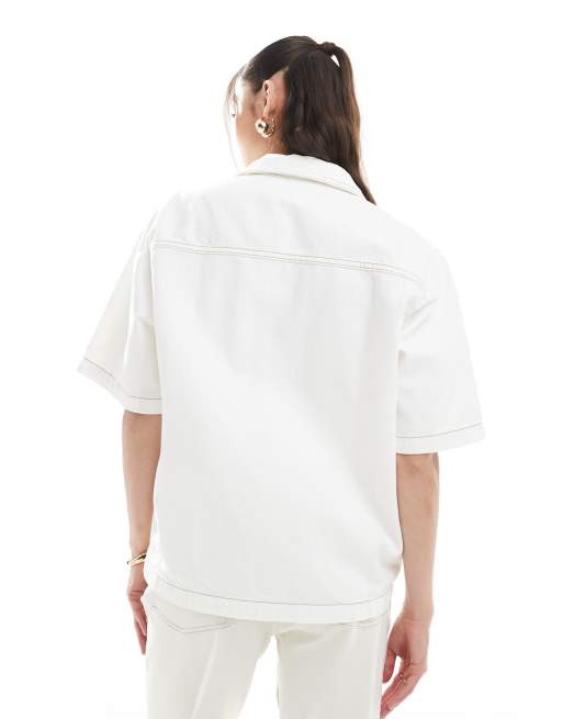ASOS DESIGN denim short sleeve shirt with pocket in ecru, 4 of 4