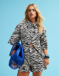 [ASOS DESIGN] ASOS DESIGN denim short sleeve top with cinch waist in zebra print (part of a set)-Black 4 Black