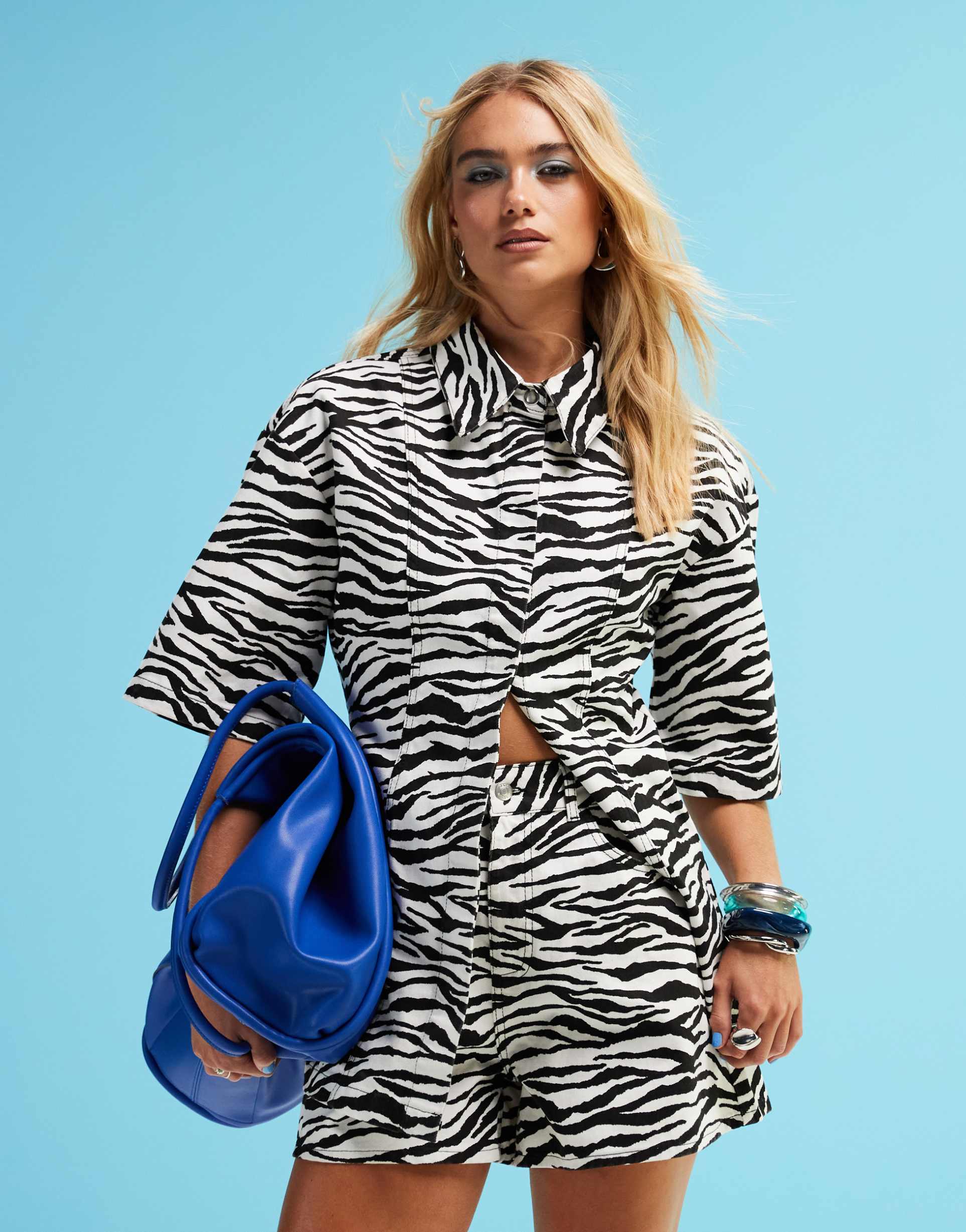 asos design denim short sleeve top with cinch waist in zebra print - part of a set