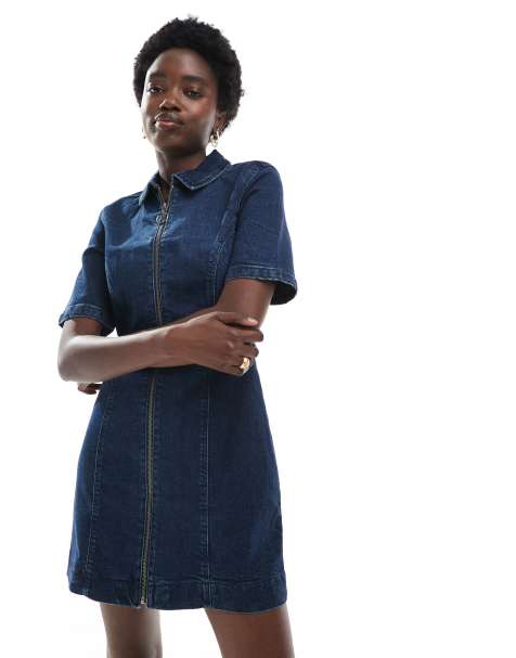ASOS DESIGN denim short sleeve zip-through mini dress in darkwash - view 1