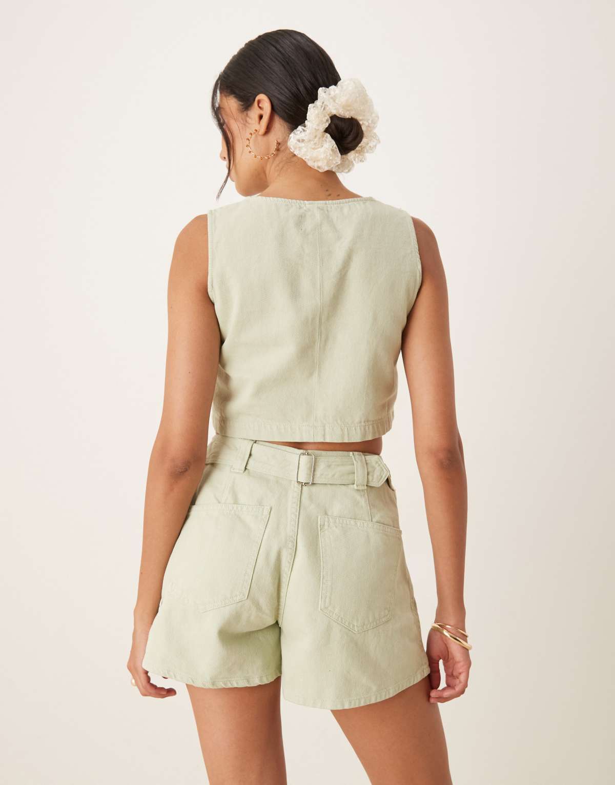 ASOS DESIGN denim short with cinched back detail in pistachio co ord
