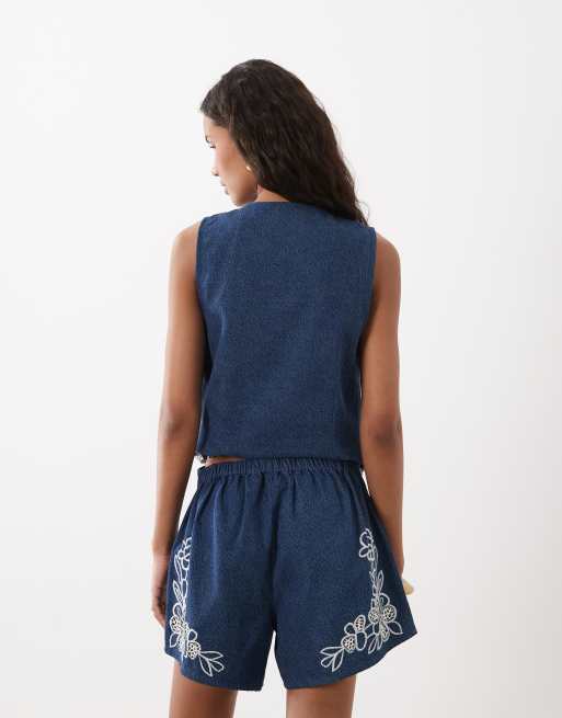 ASOS DESIGN denim short with cutwork detail in mid blue, 5 of 5