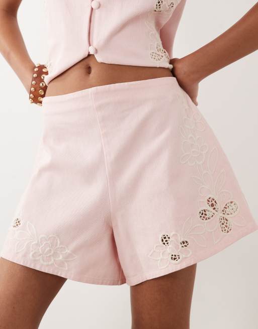 ASOS DESIGN denim short with cutwork detail in pink, 2 of 5
