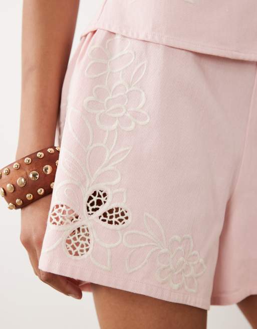 ASOS DESIGN denim short with cutwork detail in pink, 5 of 5