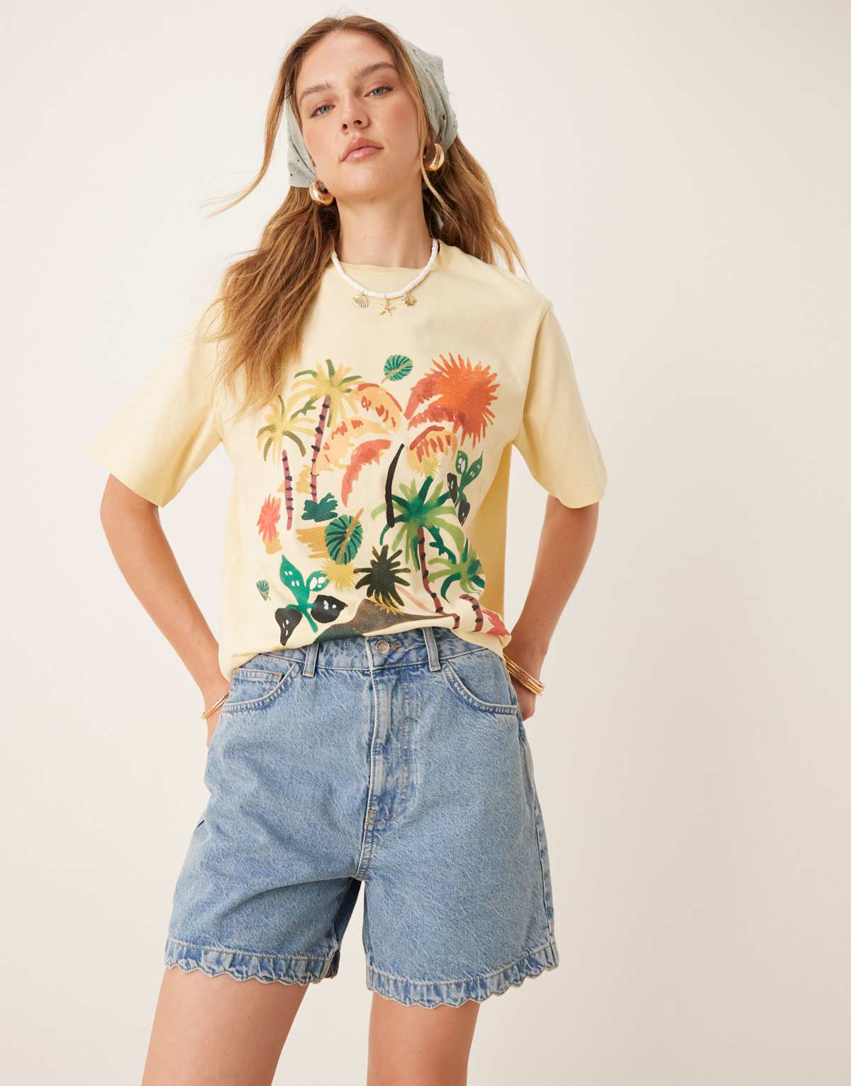 ASOS DESIGN denim short with scallop edge detail in mid blue