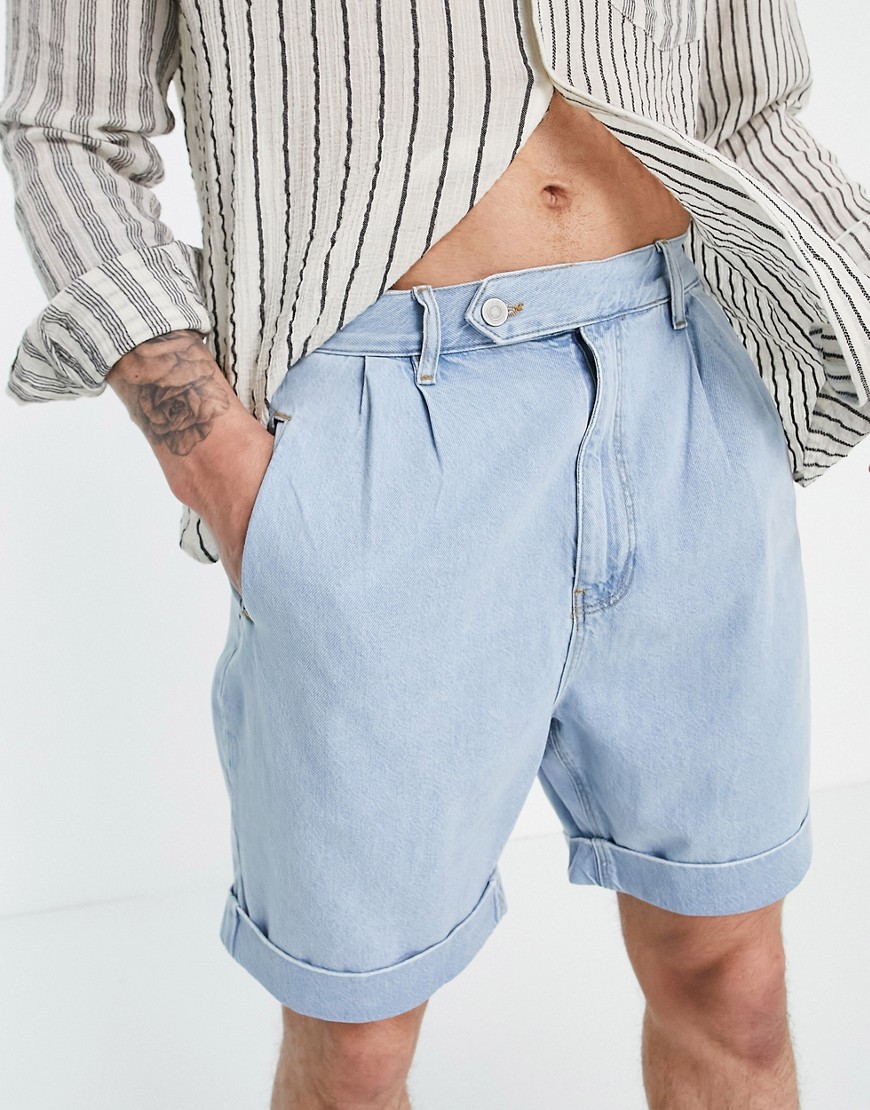 ASOS DESIGN denim shorts in light wash blue with pleat detail