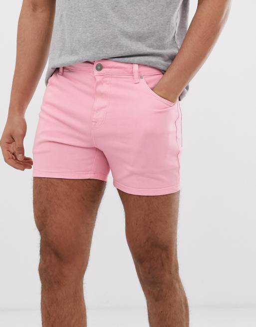 ASOS DESIGN denim shorts in shorter length pink