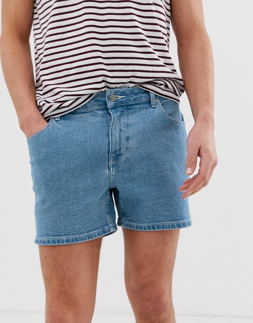 ASOS DESIGN skinny denim shorts in mid wash blue in shorter length