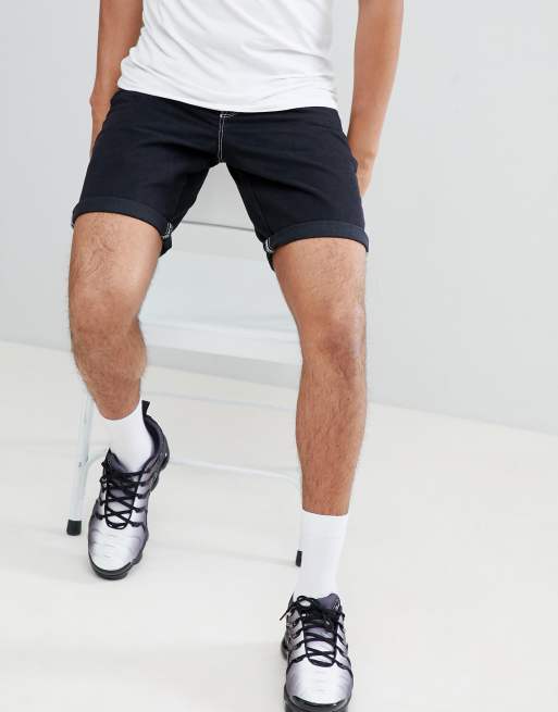 ASOS DESIGN Denim Shorts In Slim Black Contrast Stitch ASOS